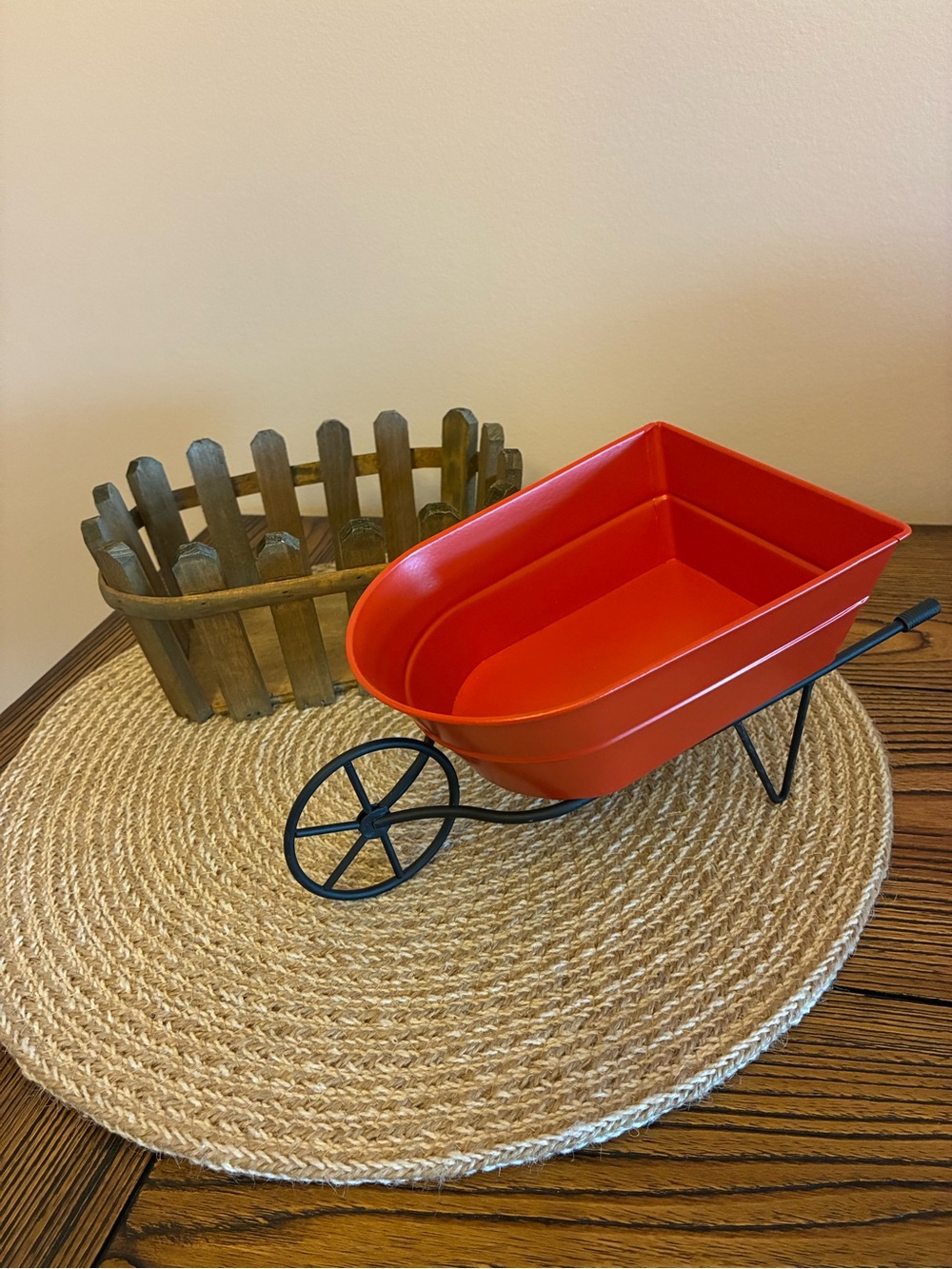 Decor Orange/Red Metal Wheelbarrow & Wooden Picket Fence Basket